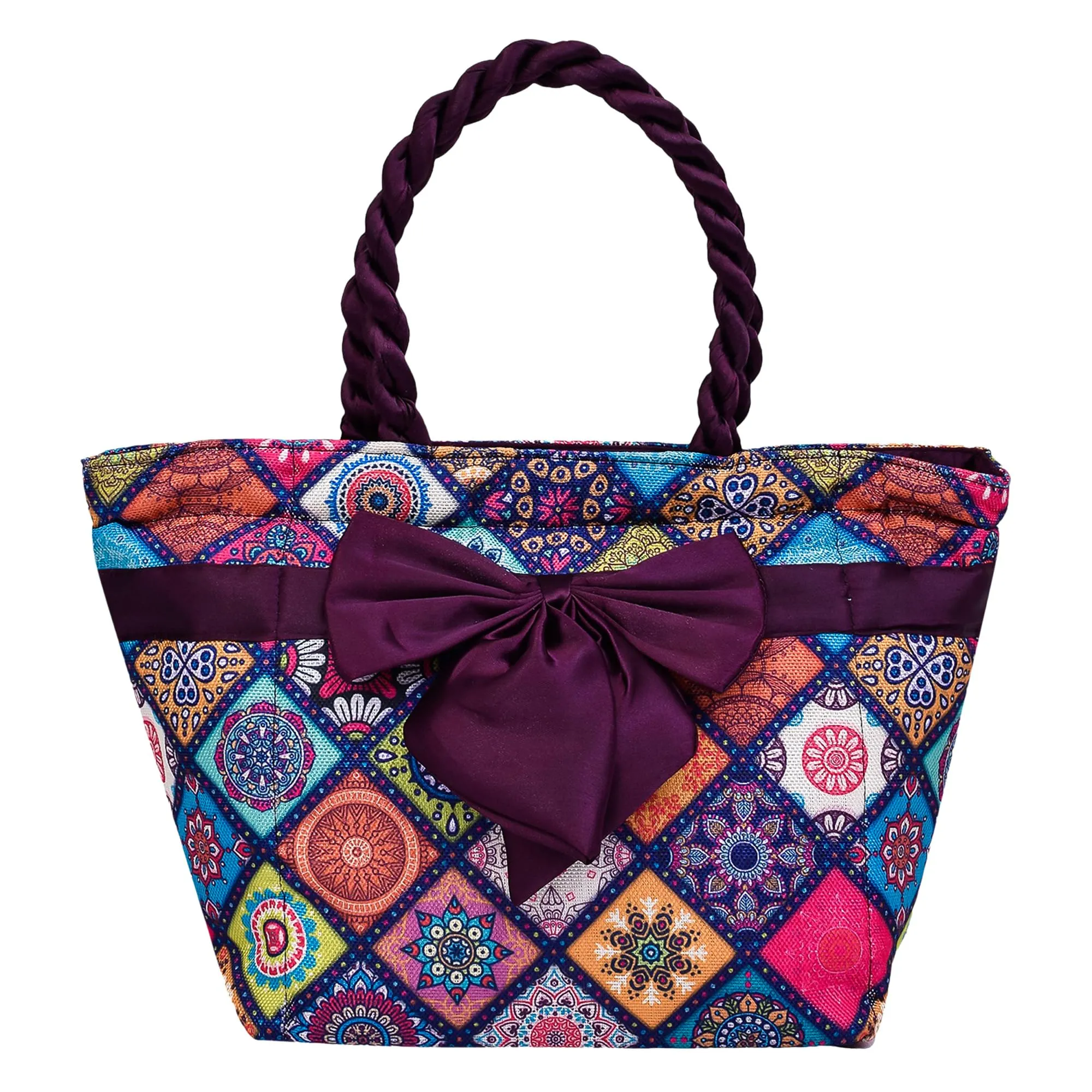 Kuber Industries Hand Purse | Polyester Hand Bag | Woman Shoulder Bag | Top Handle Handbag | Gifting Hand Purse | Ladies Tote Purse | Bow Rangoli Printed Handbag | Wine