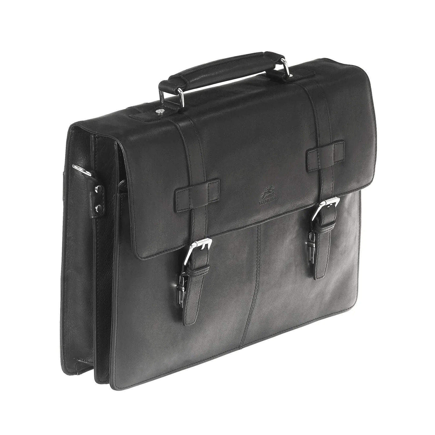 Mancini Leather Double Compartment Flap Briefcase for 15.6" Laptop / Tablet, 16" x 4" x 12", Black