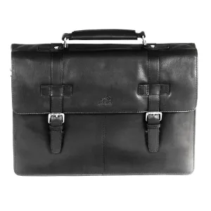 Mancini Leather Double Compartment Flap Briefcase for 15.6" Laptop / Tablet, 16" x 4" x 12", Black