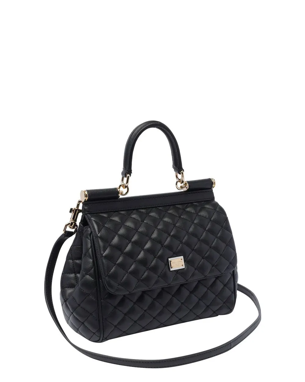 Medium Sicily Quilted Top Handle Bag in Black