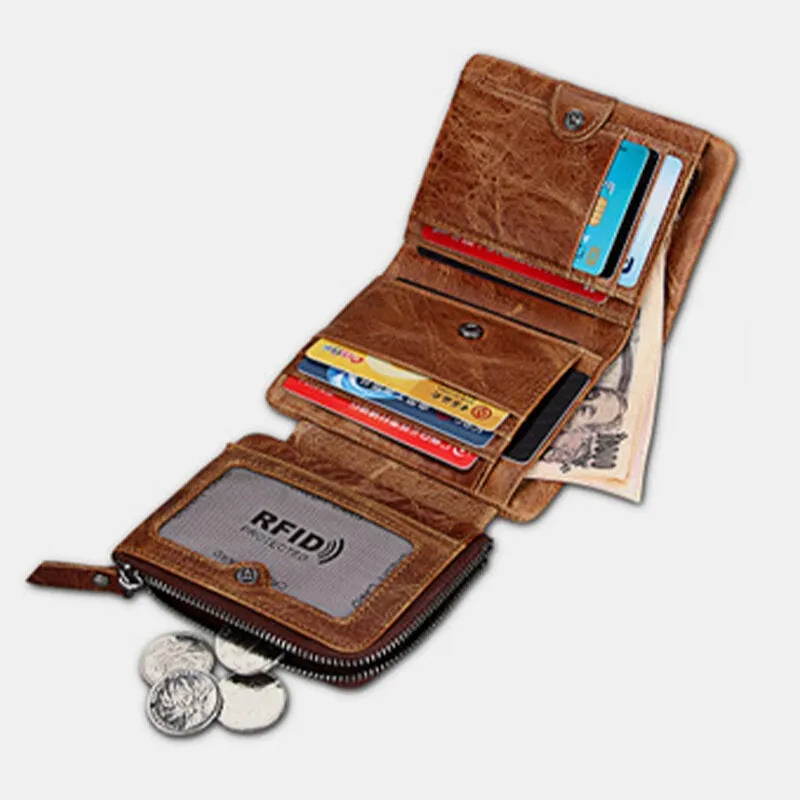 Men Genuine Leather RFID Anti-theft Multi-slots Retro Large Capacity Zipper Card Holder Wallet