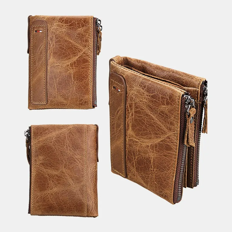 Men Genuine Leather RFID Anti-theft Multi-slots Retro Large Capacity Zipper Card Holder Wallet