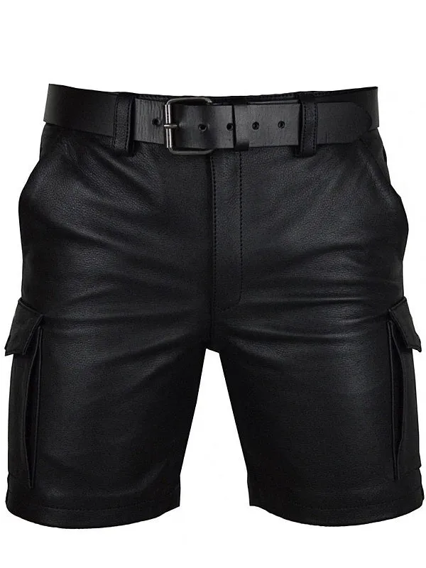 Men's Real Leather Black Cargo Shorts