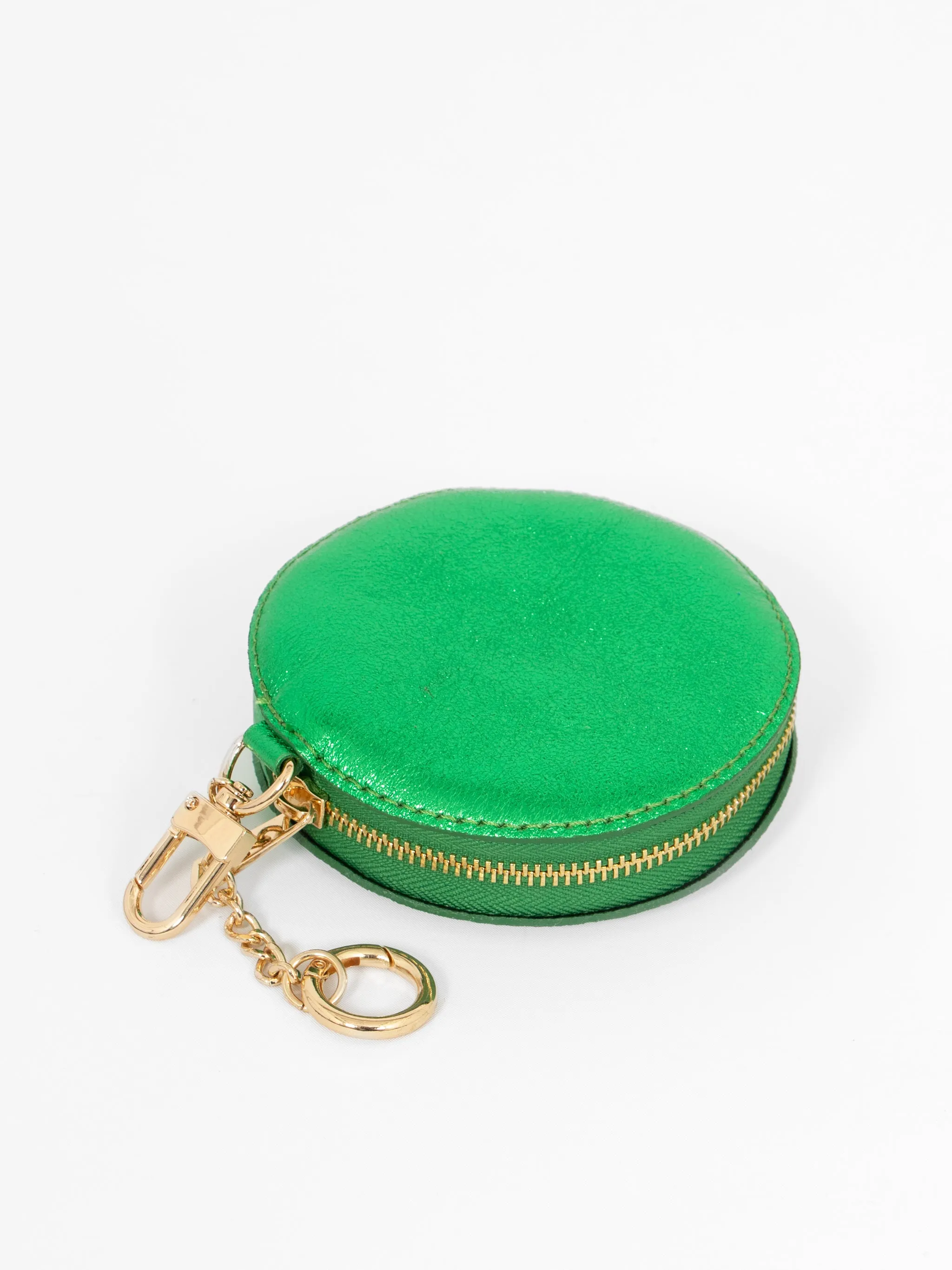 Metallic Bright Green Italian Leather Round Clip-On Coin Purse