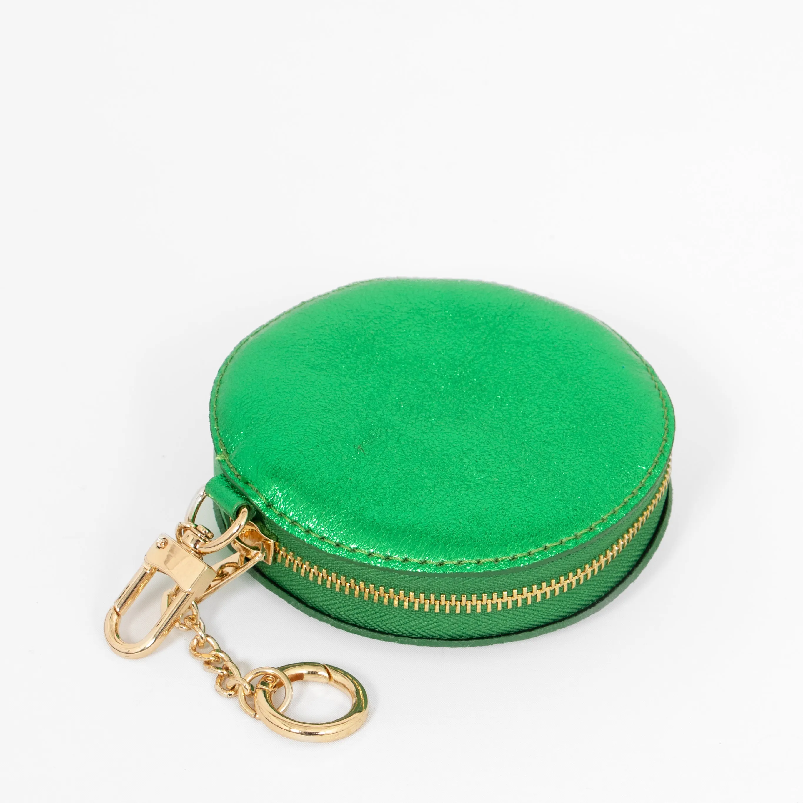 Metallic Bright Green Italian Leather Round Clip-On Coin Purse