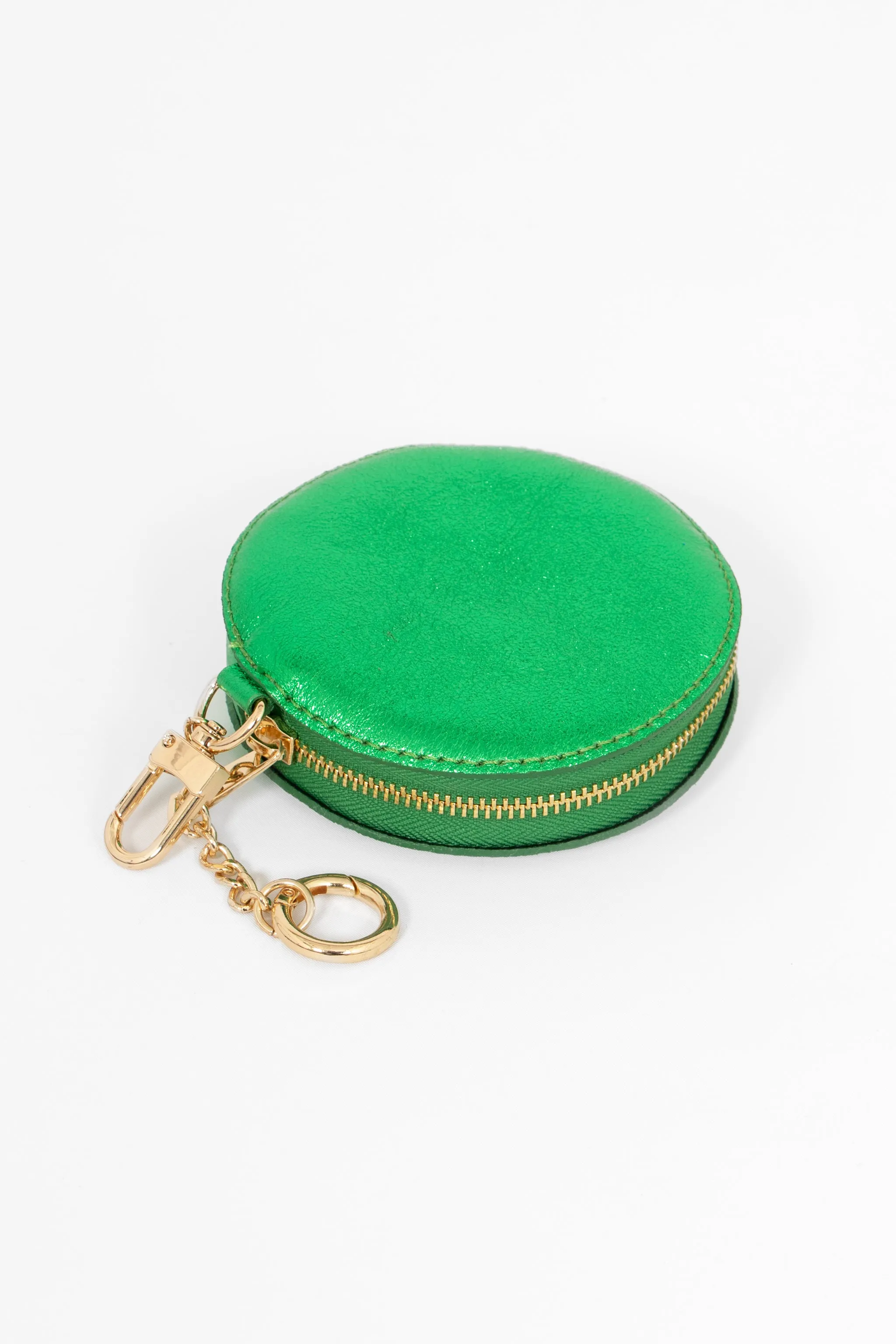 Metallic Bright Green Italian Leather Round Clip-On Coin Purse