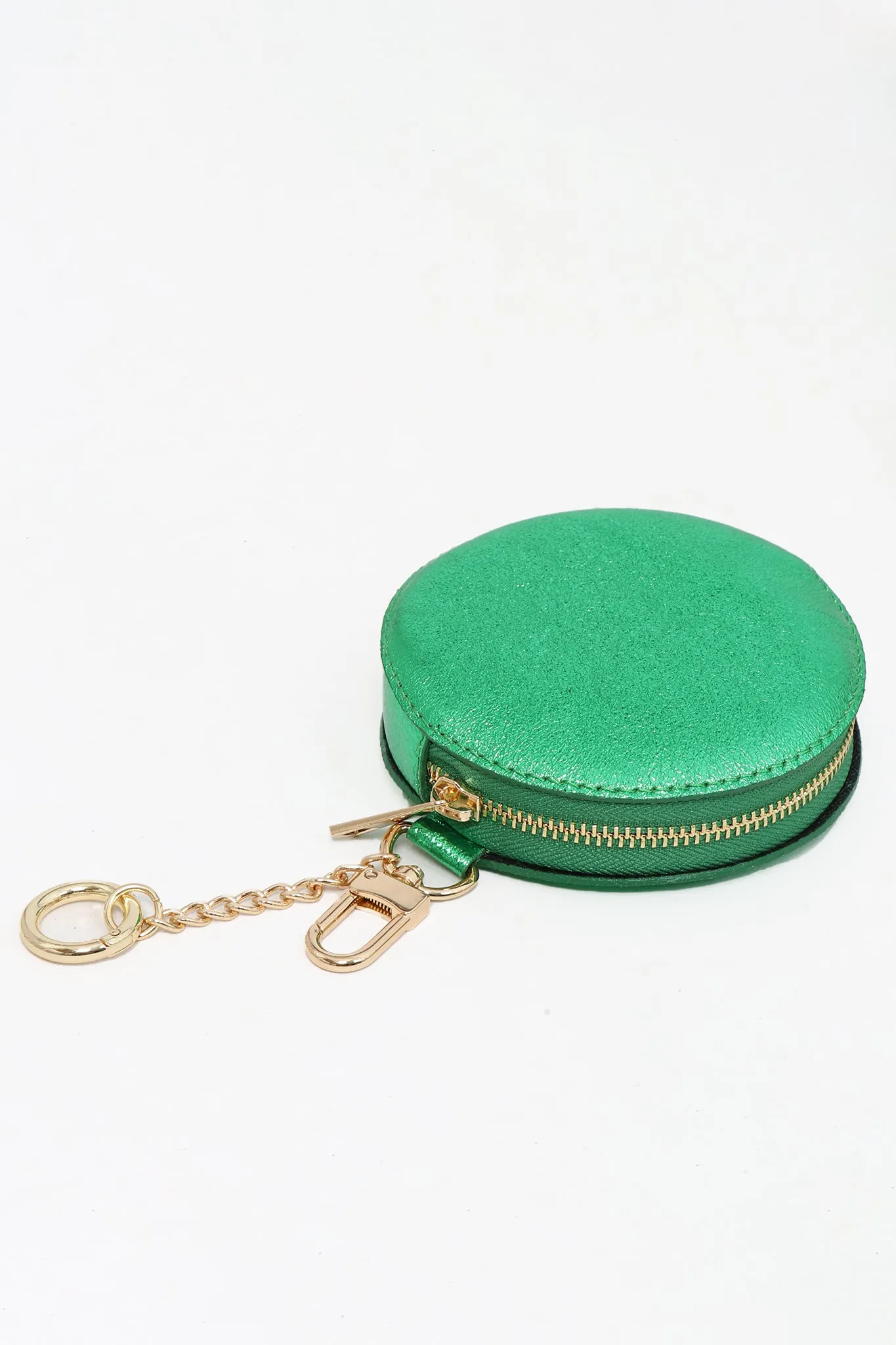 Metallic Bright Green Italian Leather Round Clip-On Coin Purse