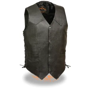 Milwaukee Leather SH1315 Men's Black Leather Classic V-Neck Side Lace Motorcycle Rider Vest w/ Front Snap Closure