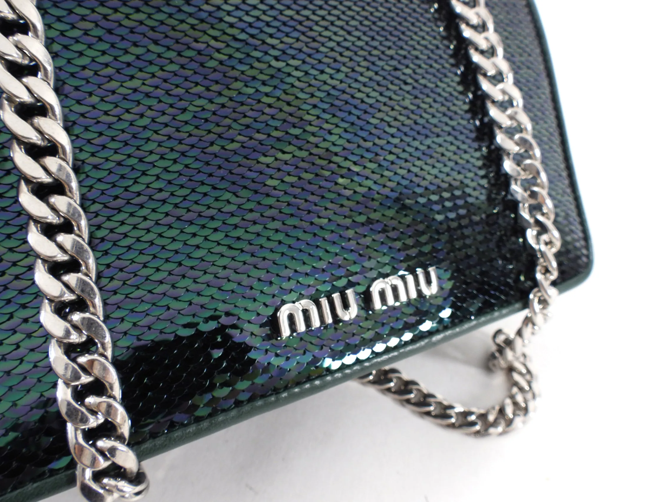 Miu Miu Green Sequin Small Bag with Shoulder Chain Strap