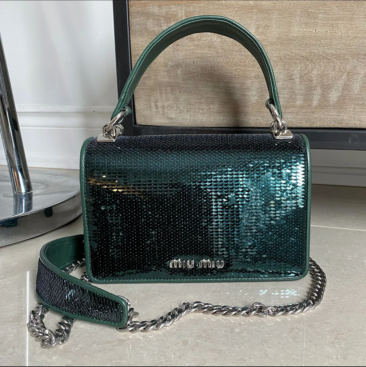 Miu Miu Green Sequin Small Bag with Shoulder Chain Strap