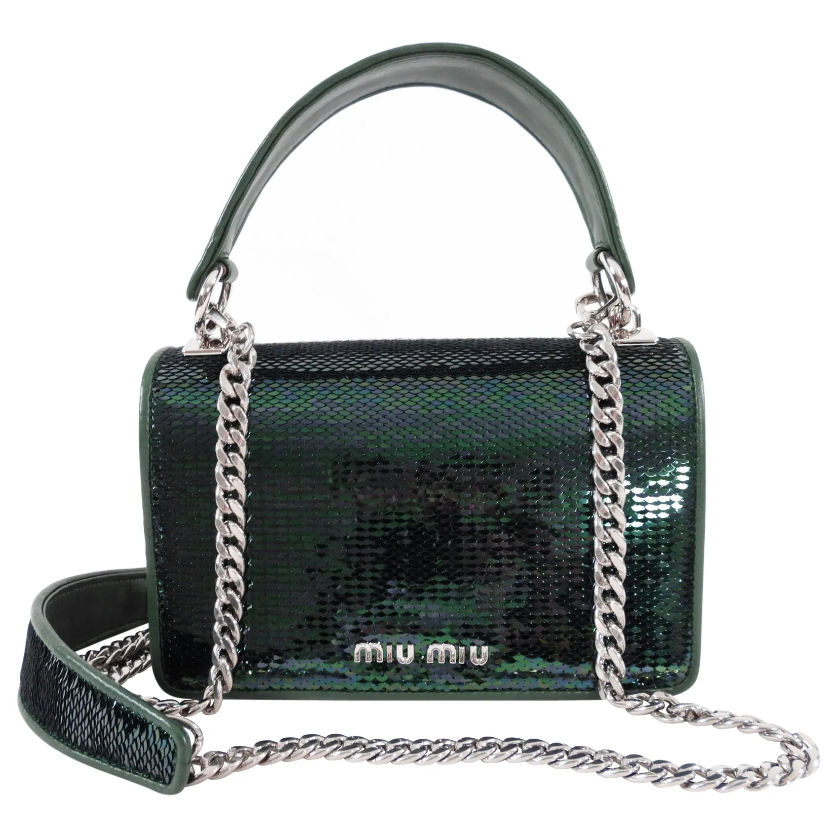 Miu Miu Green Sequin Small Bag with Shoulder Chain Strap