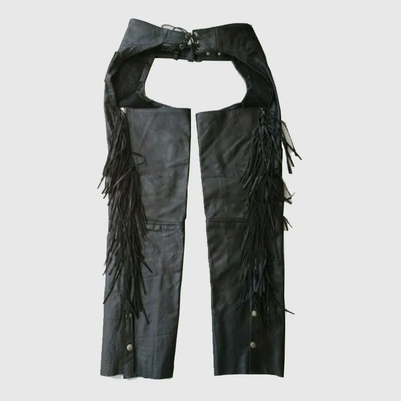 Motorcycle Chaps Black BARNEY'S Leather Zipper Fringe