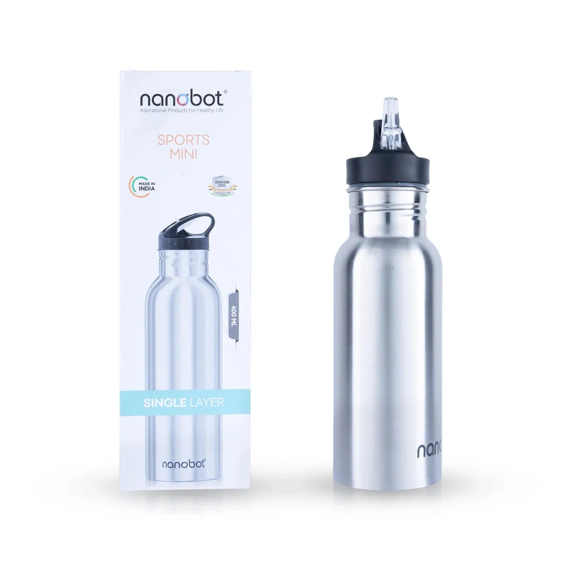 Nanobot Water Bottle - 400 ml | Sports Mini Water Bottle/ 8.5 x 2.5 Inches/ Stainless Steel Water Container for Home