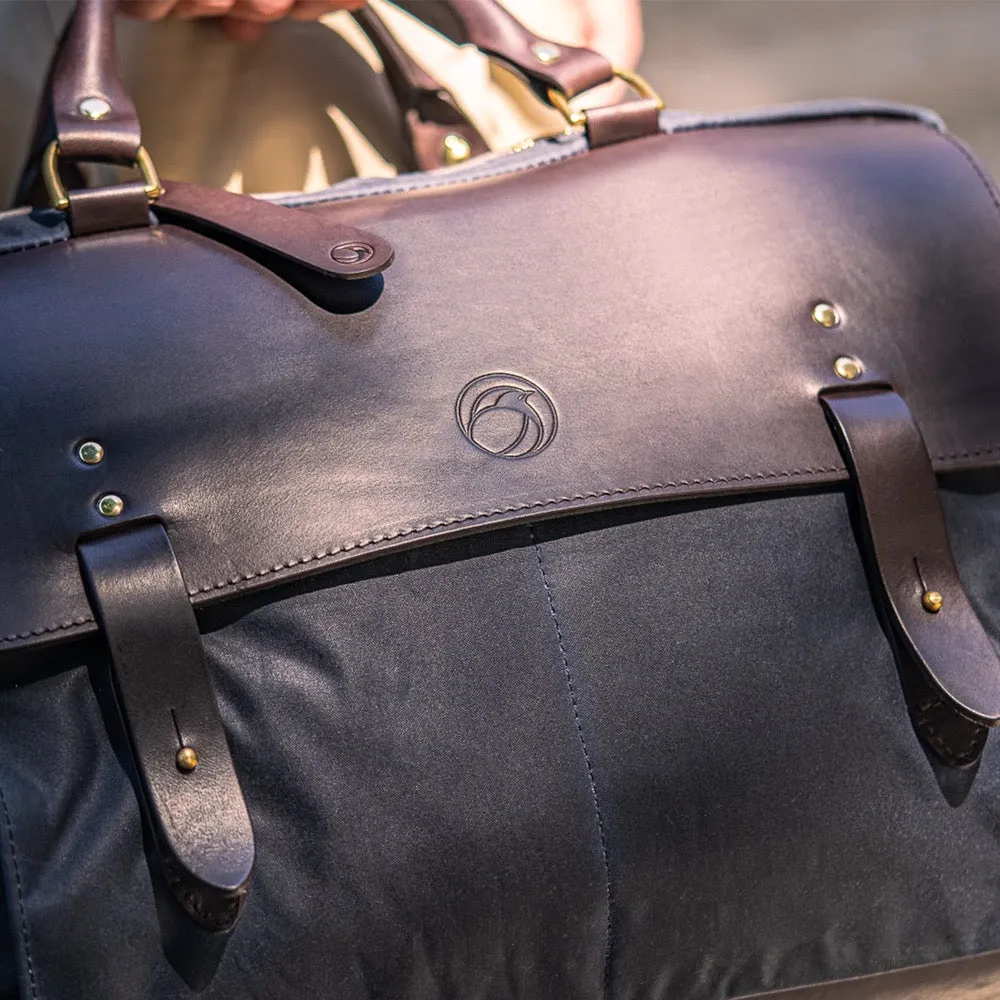 Navy Waxed Cotton & Leather Briefcase