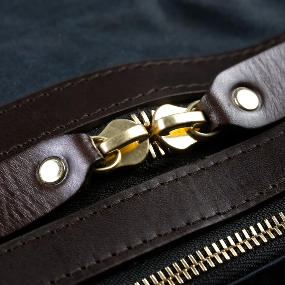 Navy Waxed Cotton & Leather Briefcase