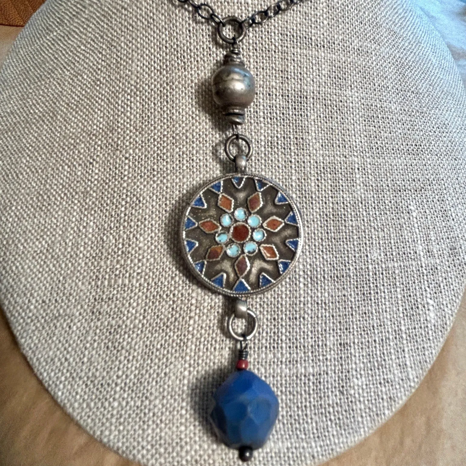 Necklace with Unique Enameled/ Shell Focal