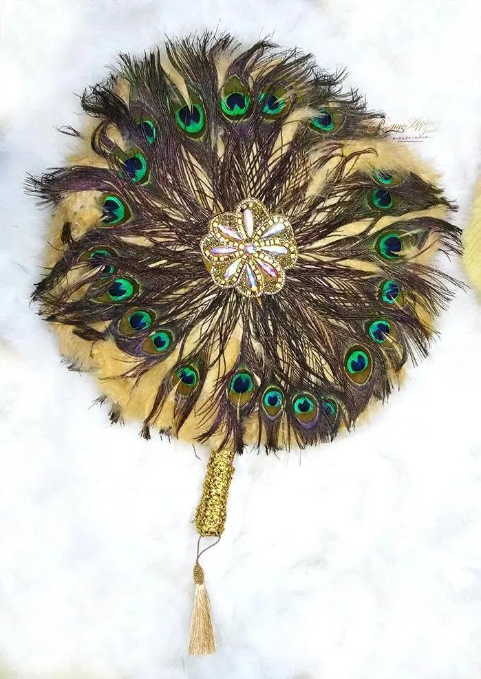 Peacock Mix Round Shaped Feather Traditional African Wedding Hand Fan Nigerian Bridal Handfan