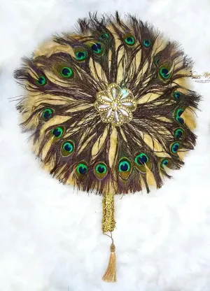 Peacock Mix Round Shaped Feather Traditional African Wedding Hand Fan Nigerian Bridal Handfan