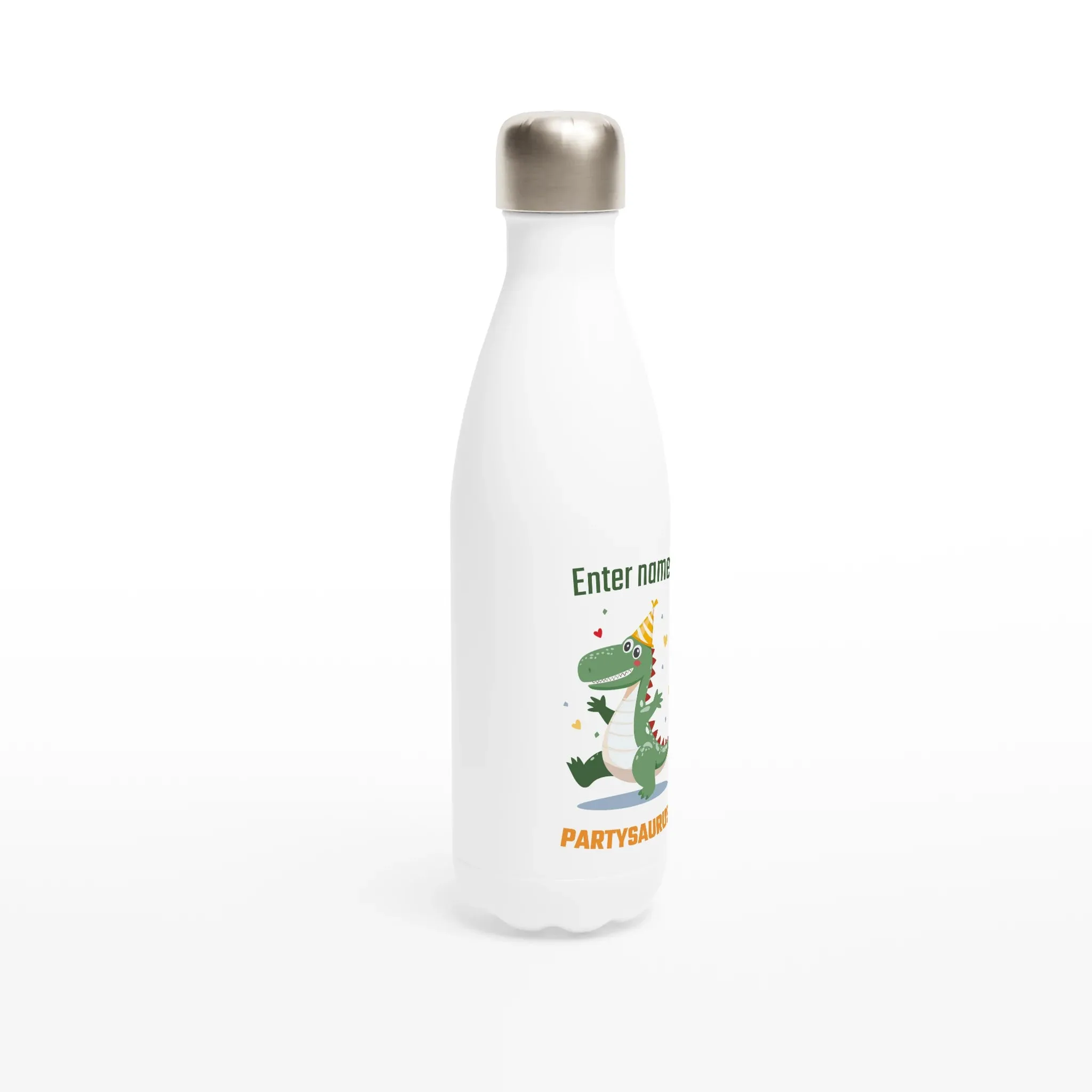 Personalisable White 17oz Stainless Steel Water Bottle - Party Dinosaur