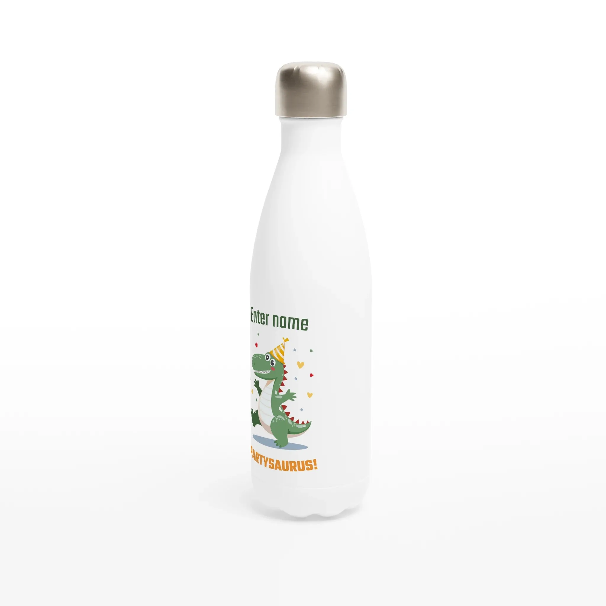 Personalisable White 17oz Stainless Steel Water Bottle - Party Dinosaur