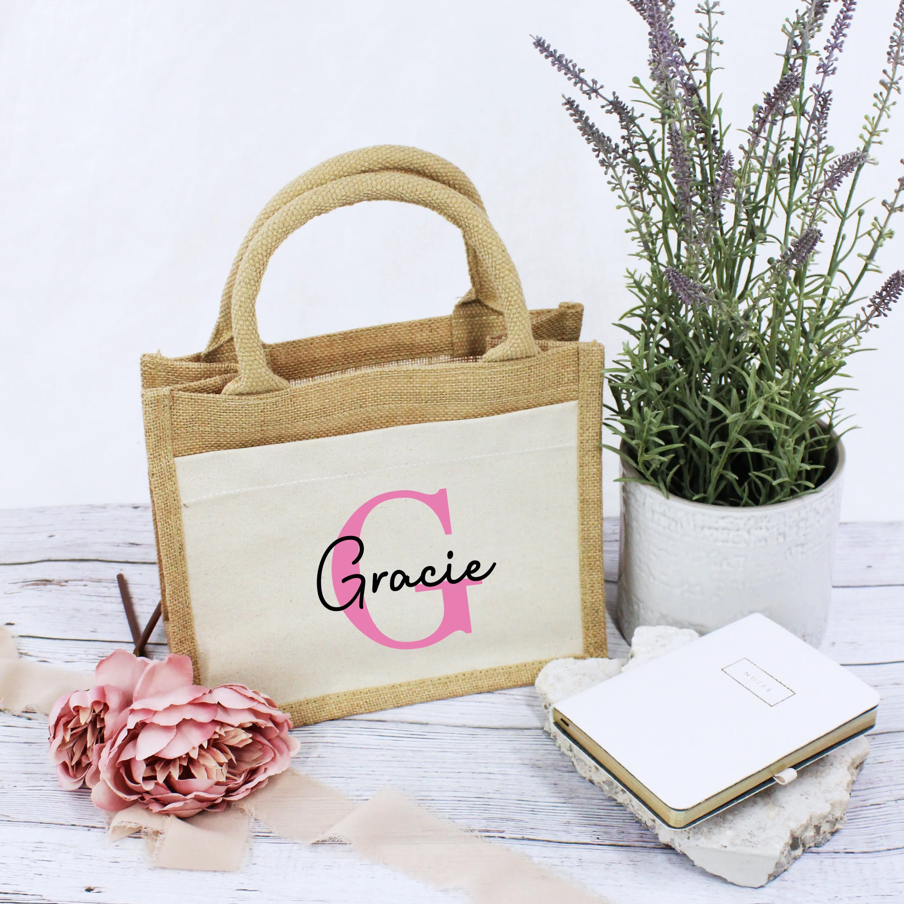 Personalised Pink Initial & Name Jute Bag