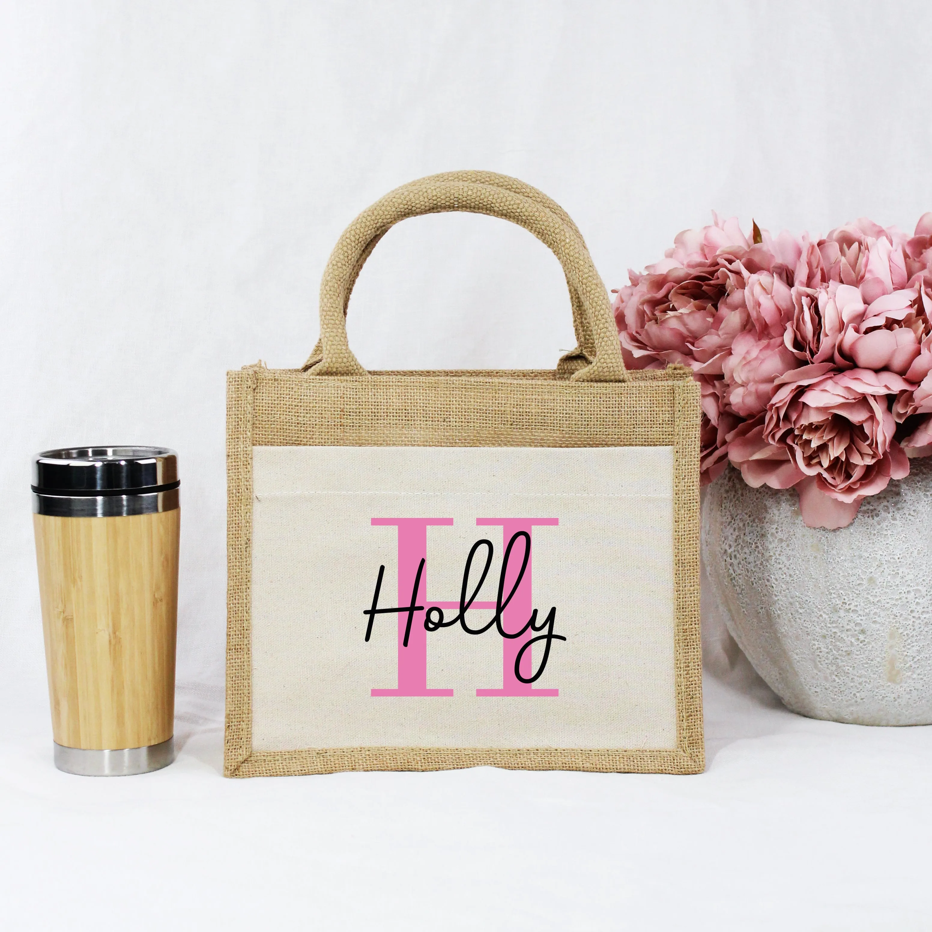 Personalised Pink Initial & Name Jute Bag