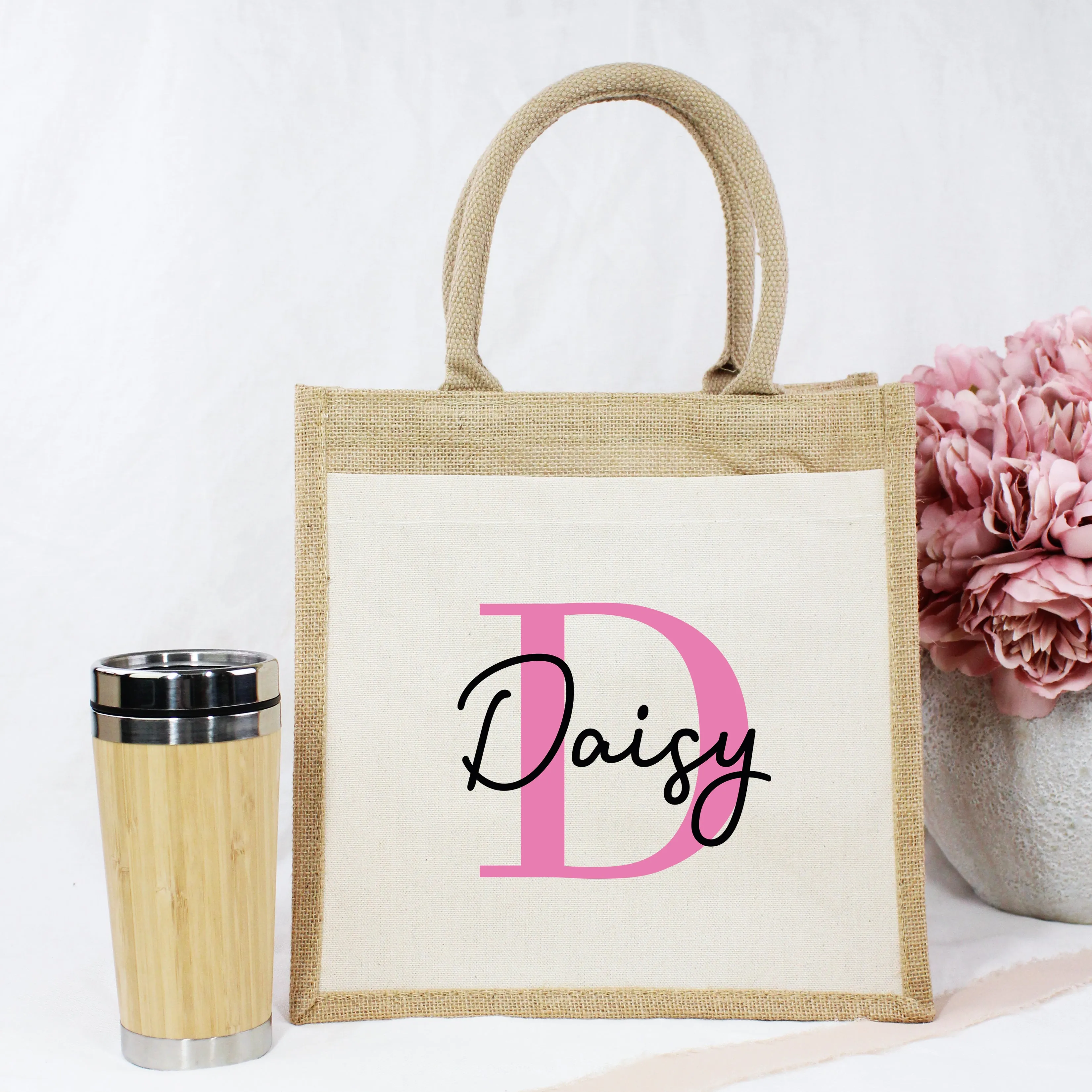 Personalised Pink Initial & Name Jute Bag