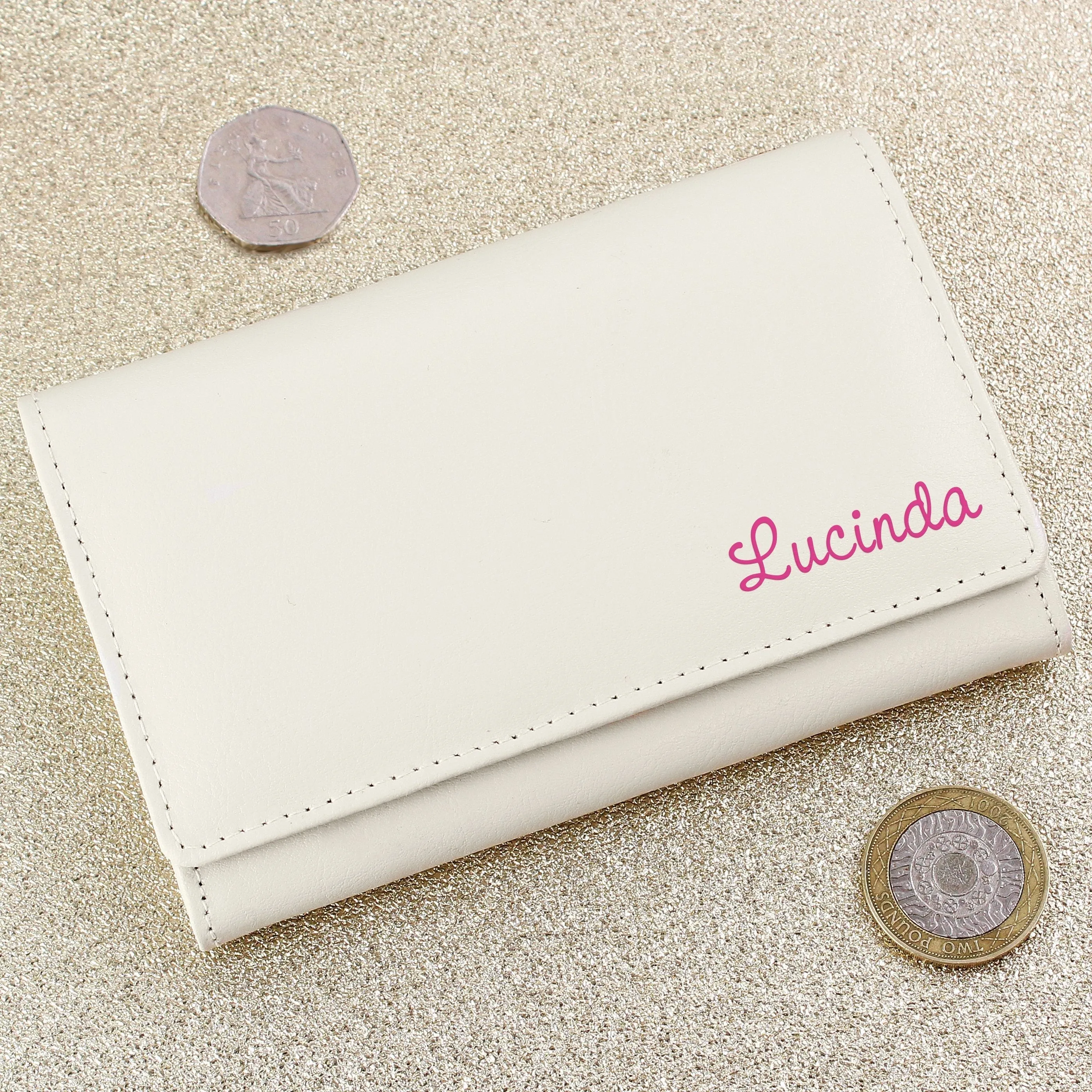 Personalised Pink Name Cream Leather Purse