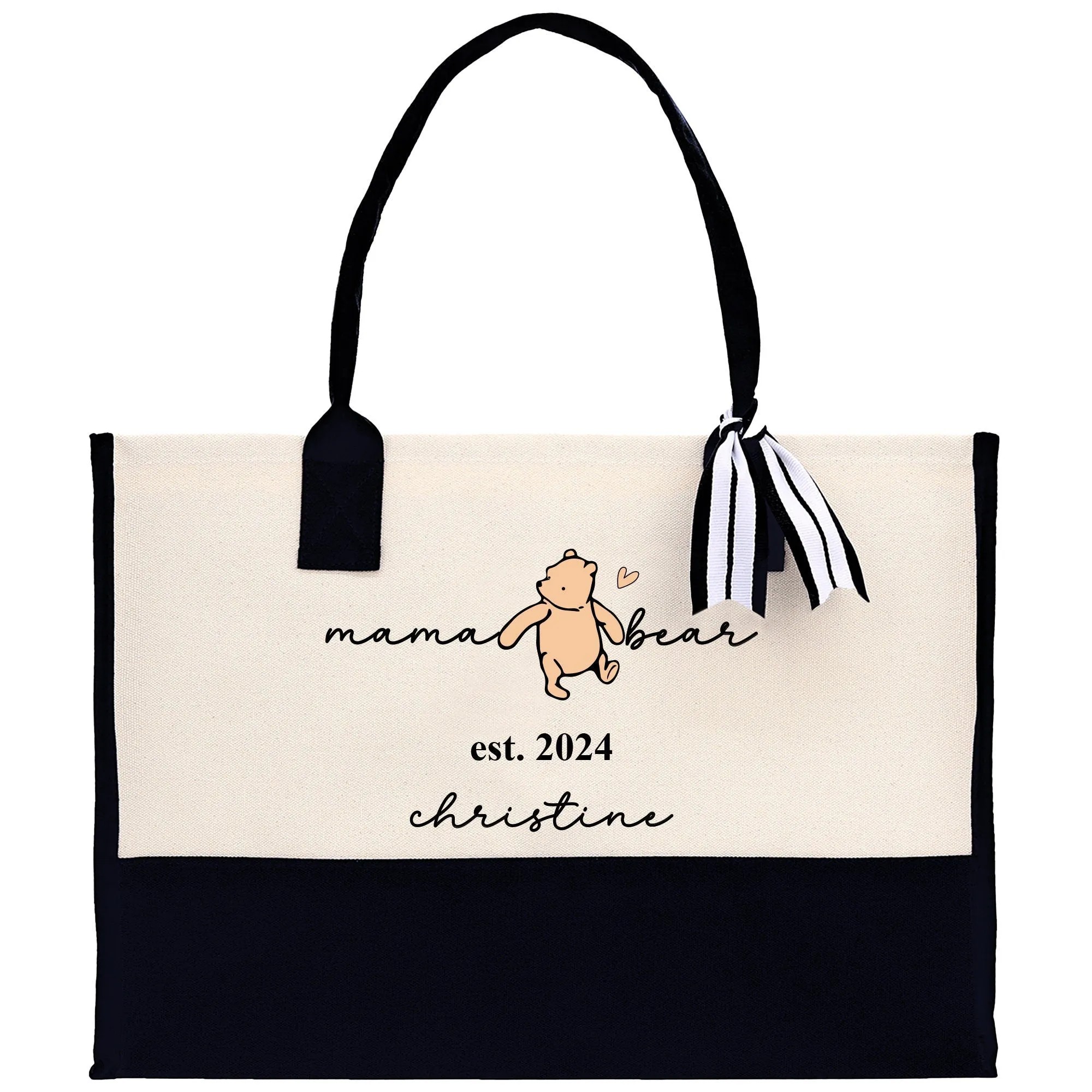 Personalized Mama Bear Est Year with Name Cotton Canvas Tote Bag Custom New Mother Tote Bag Baby Shower Gift Bag (MBTB1001)