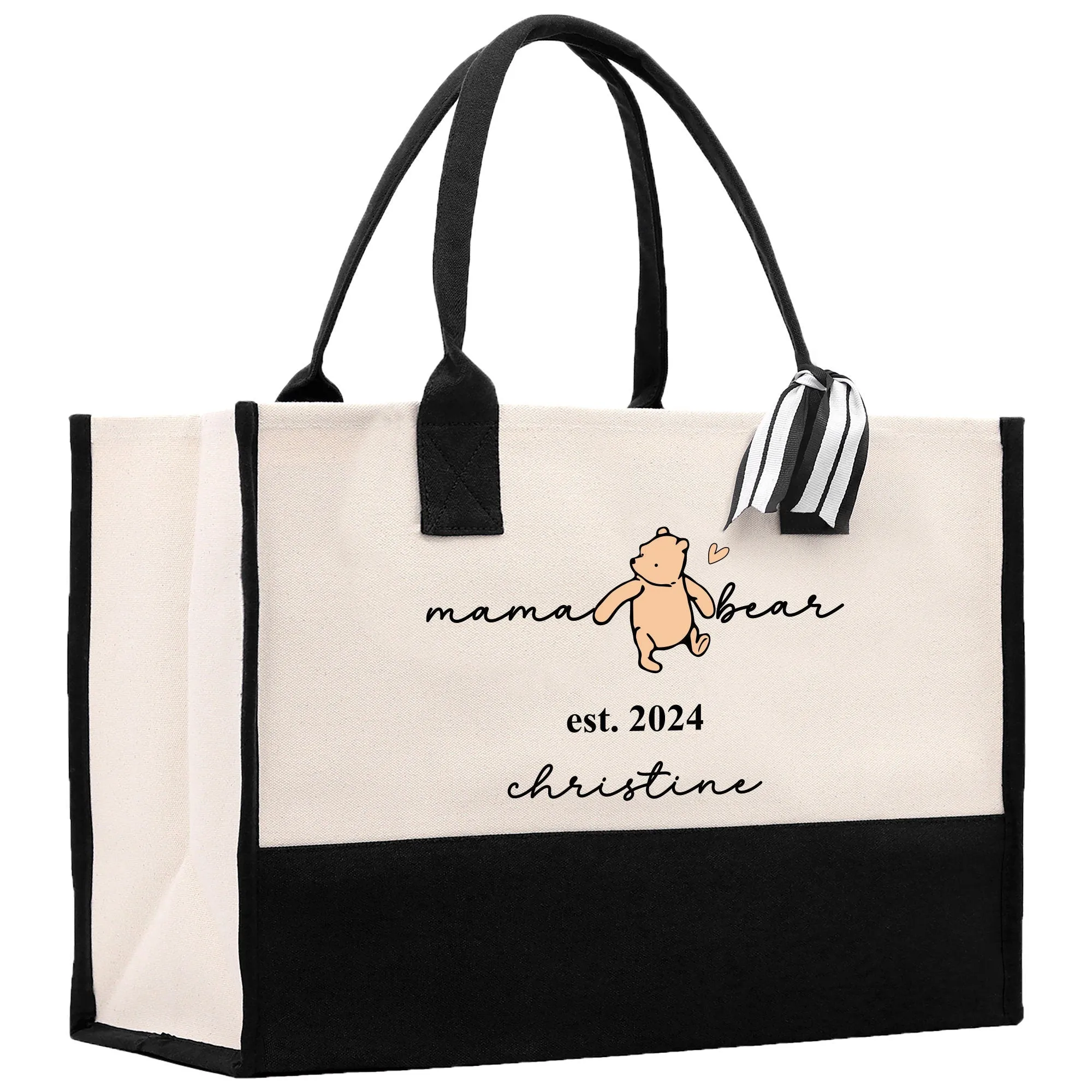 Personalized Mama Bear Est Year with Name Cotton Canvas Tote Bag Custom New Mother Tote Bag Baby Shower Gift Bag (MBTB1001)