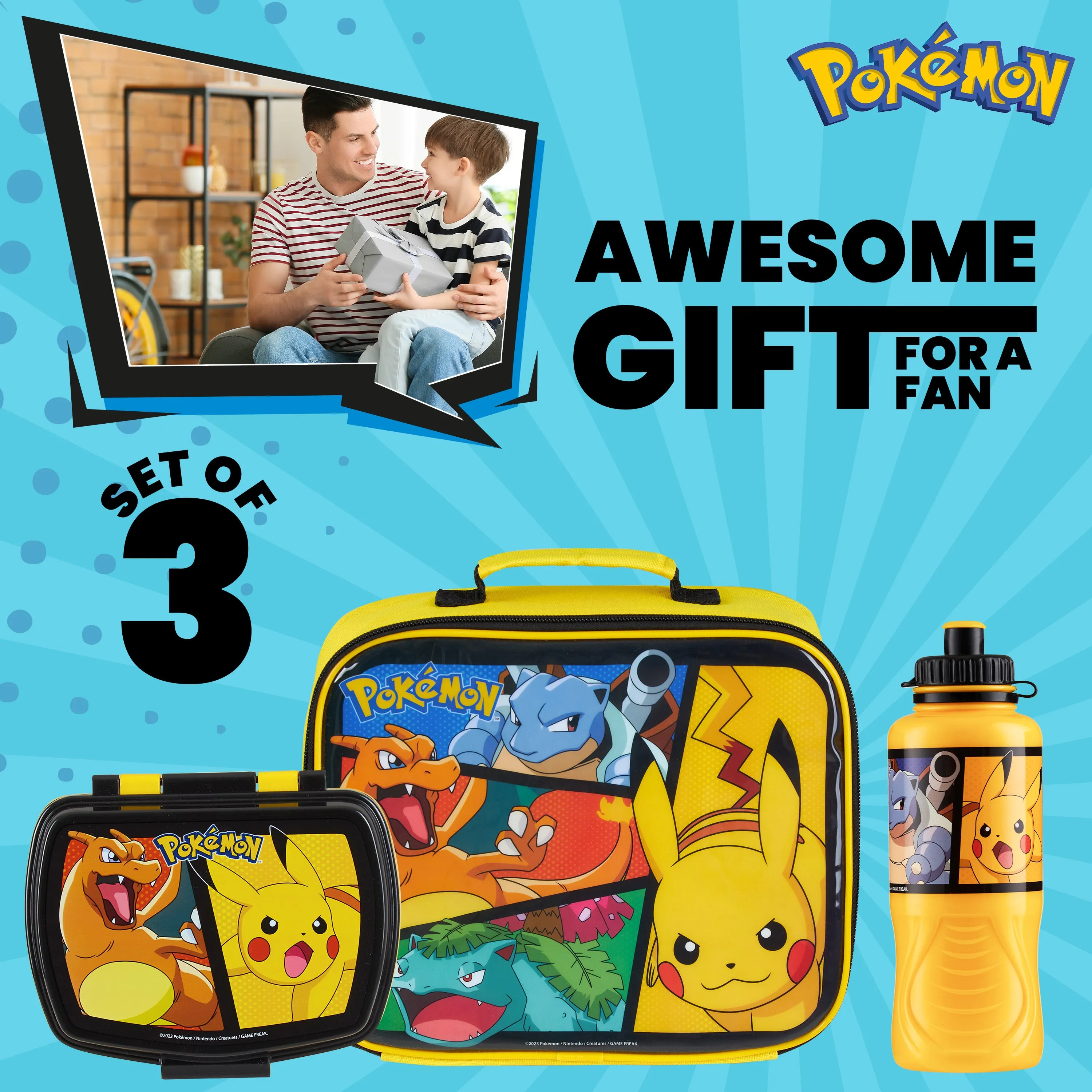 Pokemon Kids Lunch Box 3 Piece Set Insulated Lunch Bag Snack Box Pikachu 430ml Water Bottle