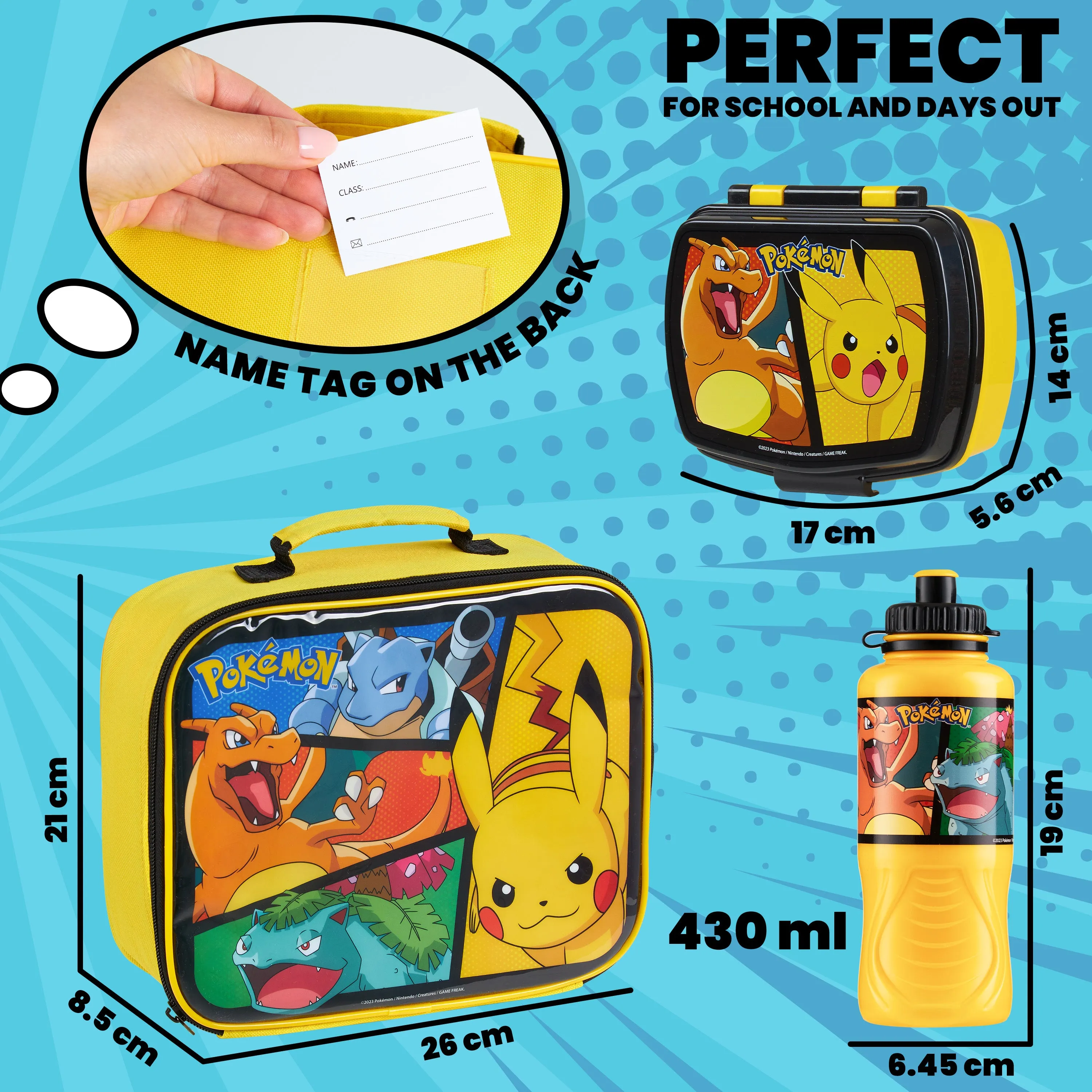 Pokemon Kids Lunch Box 3 Piece Set Insulated Lunch Bag Snack Box Pikachu 430ml Water Bottle