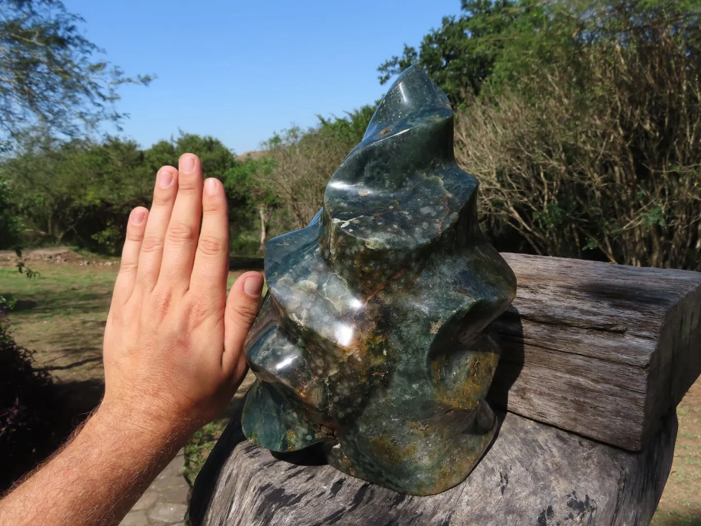 Polished Stunning XL Dark Green Ocean Jasper Flame With Yellow Orbicular Patterns x 1 From Marovato, Madagascar