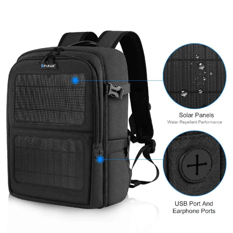 PULUZ Solar Power Outdoor Portable Camera Dual Shoulders Backpack Laptop Bag (Black)