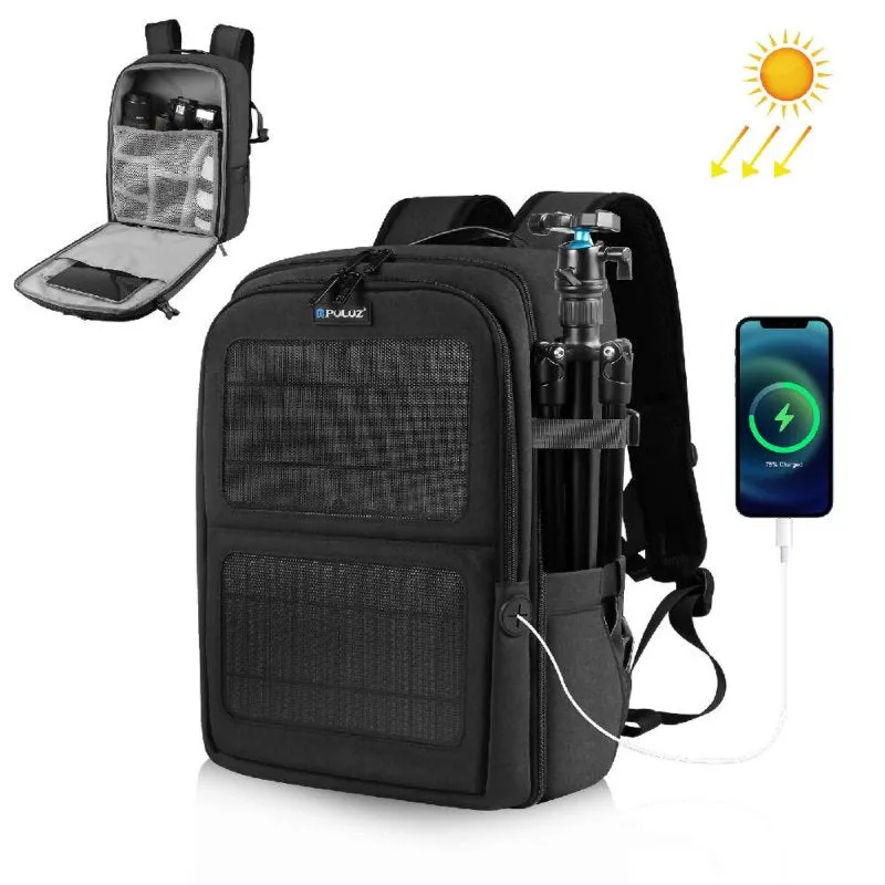 PULUZ Solar Power Outdoor Portable Camera Dual Shoulders Backpack Laptop Bag (Black)