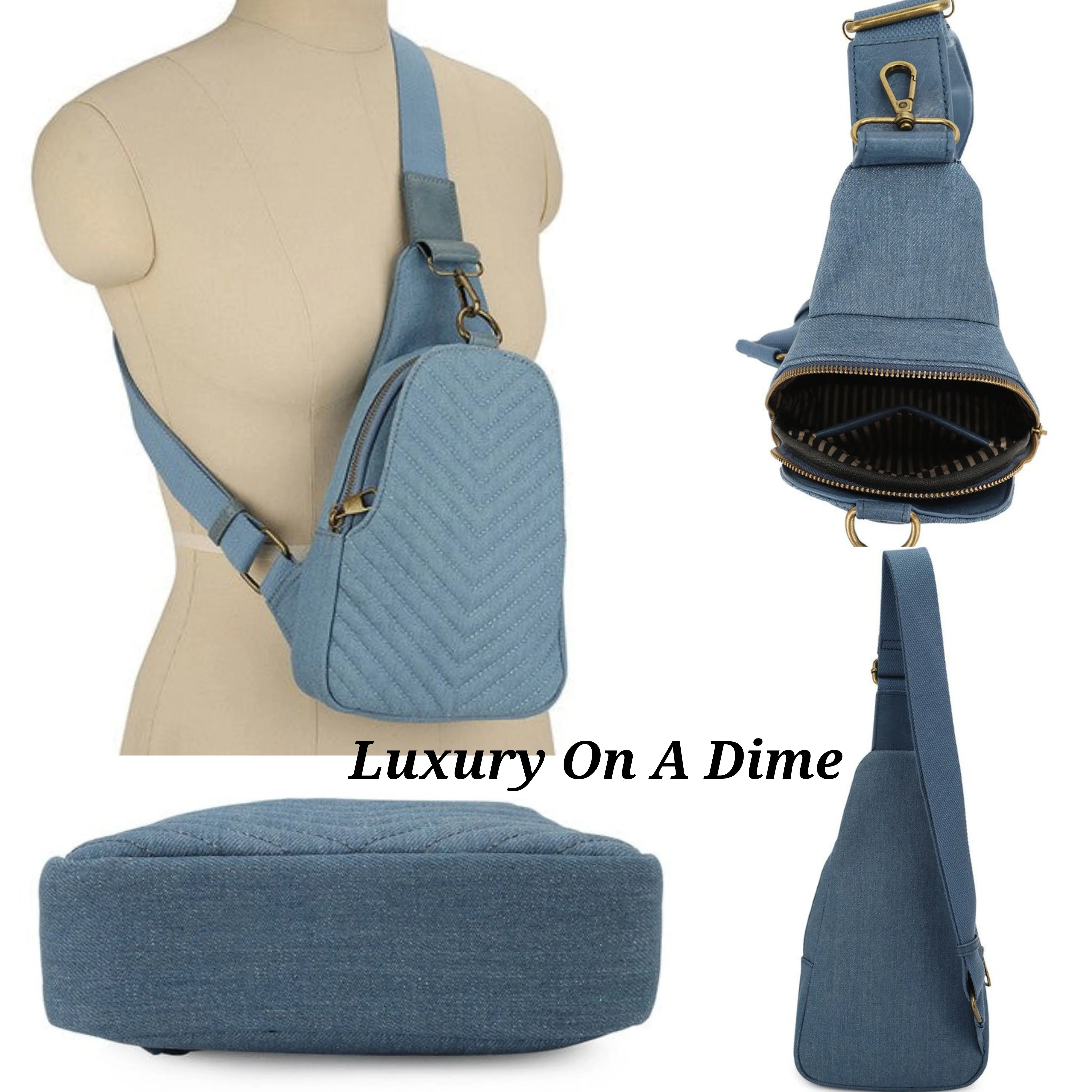 Quilted Chevron Denim Vegan Leather Crossbody Sling Shoulder Purse Convertible Bag