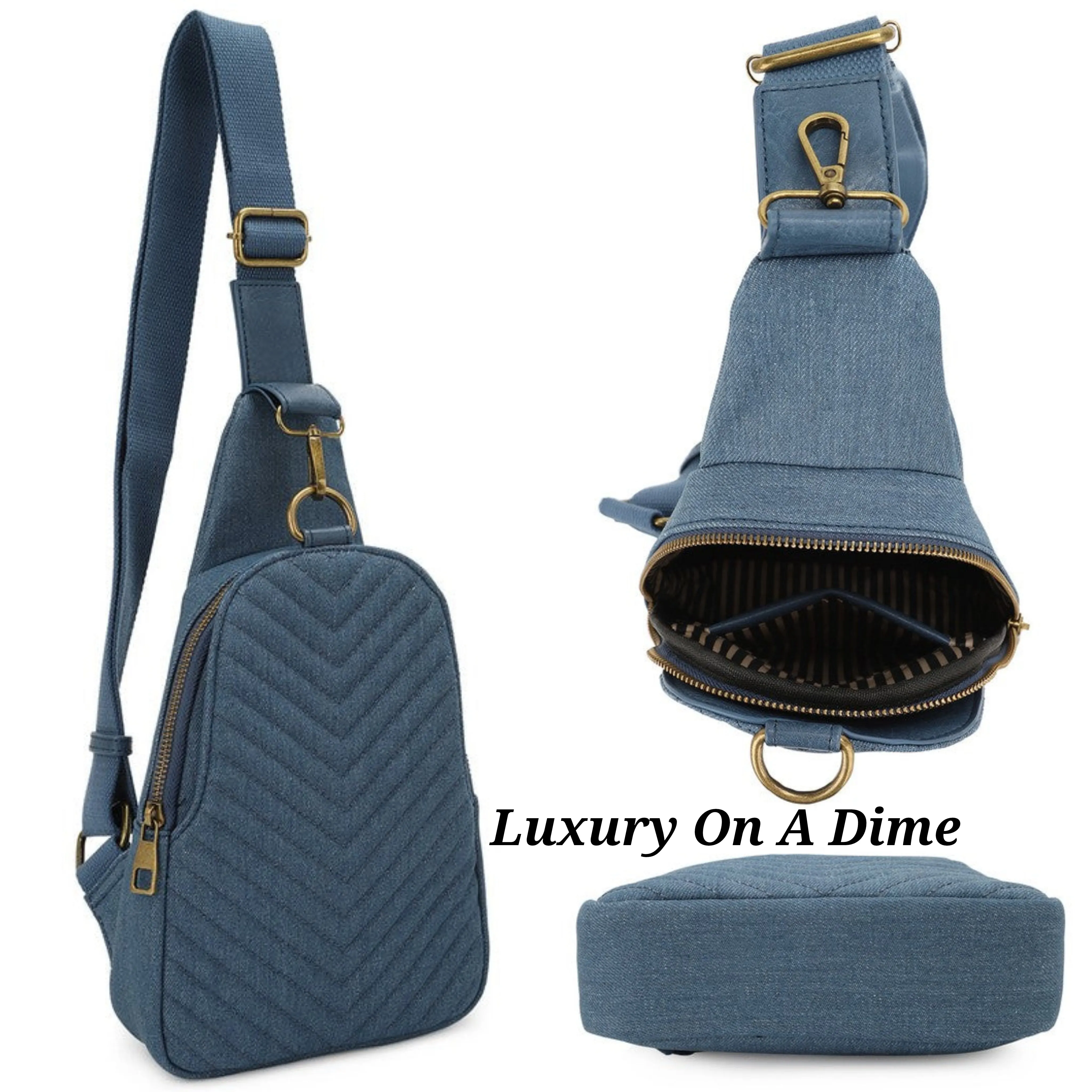 Quilted Chevron Denim Vegan Leather Crossbody Sling Shoulder Purse Convertible Bag