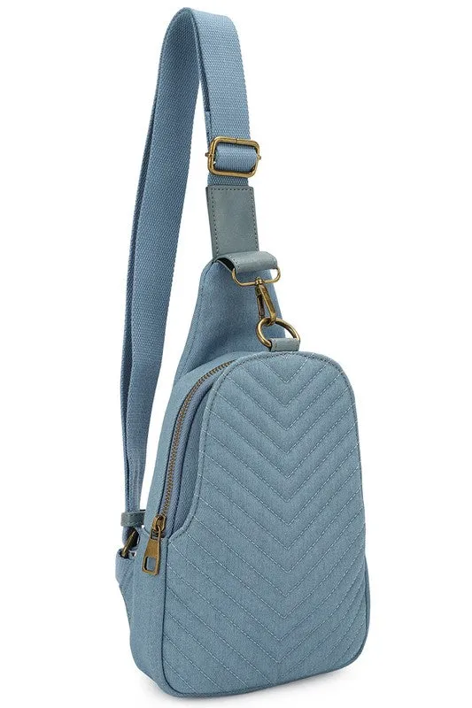 Quilted Chevron Denim Vegan Leather Crossbody Sling Shoulder Purse Convertible Bag