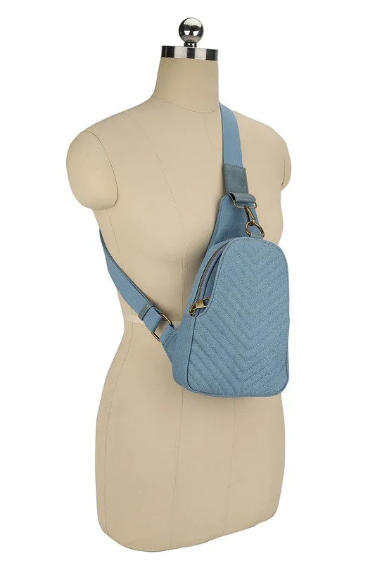 Quilted Chevron Denim Vegan Leather Crossbody Sling Shoulder Purse Convertible Bag