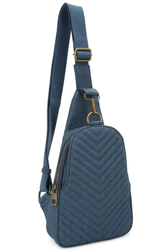 Quilted Chevron Denim Vegan Leather Crossbody Sling Shoulder Purse Convertible Bag