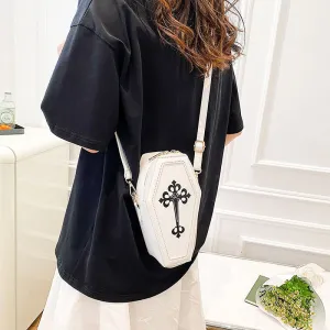 Retro Dark Personality Cross Coffin Handbag in White