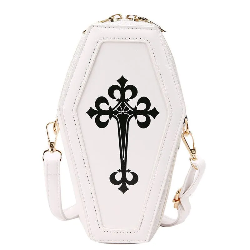 Retro Dark Personality Cross Coffin Handbag in White