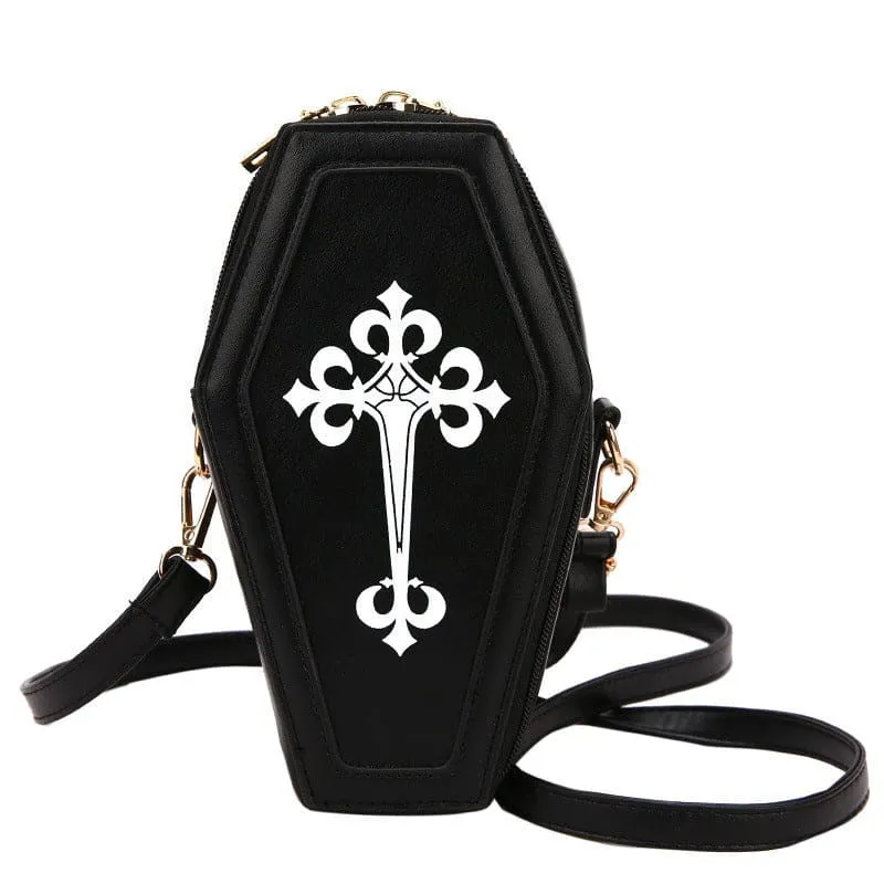 Retro Dark Personality Cross Coffin Handbag in White