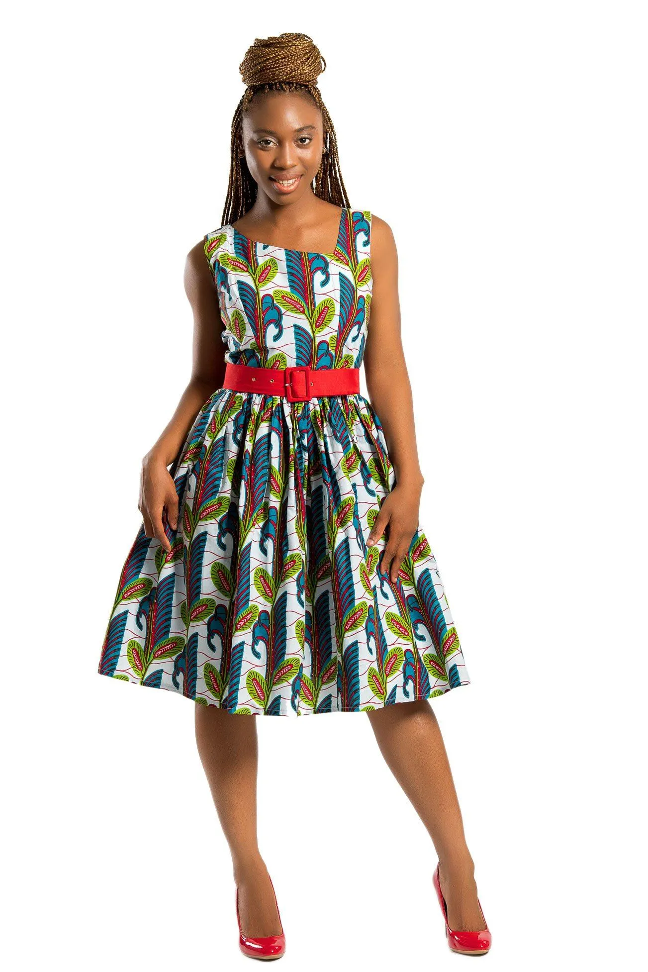 Sacnite African Print Floral Midi Dress - White / Blue/ Red