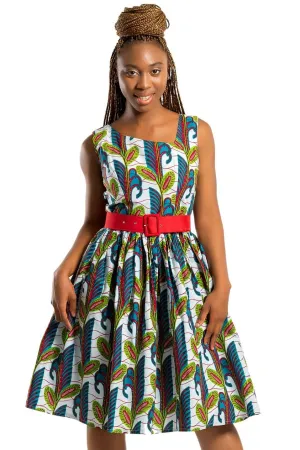 Sacnite African Print Floral Midi Dress - White / Blue/ Red