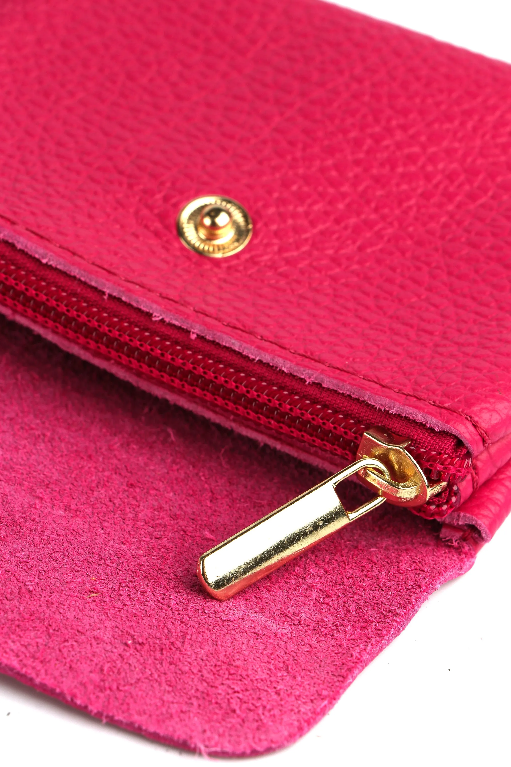 Small Italian Leather Button Fastened Coin Purse with Internal Zip in Raspberry