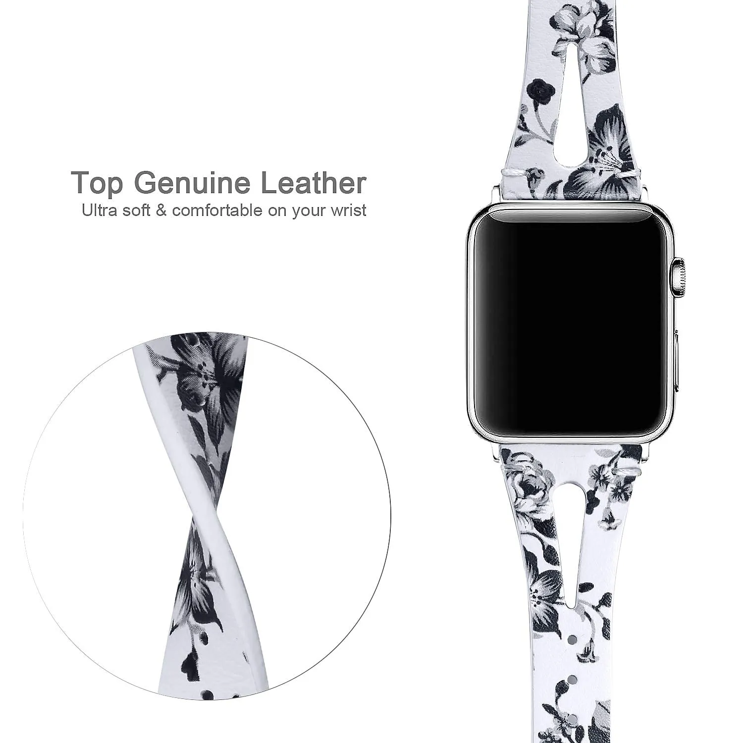 Soft Slim Leather Floral White Band For Apple Watch