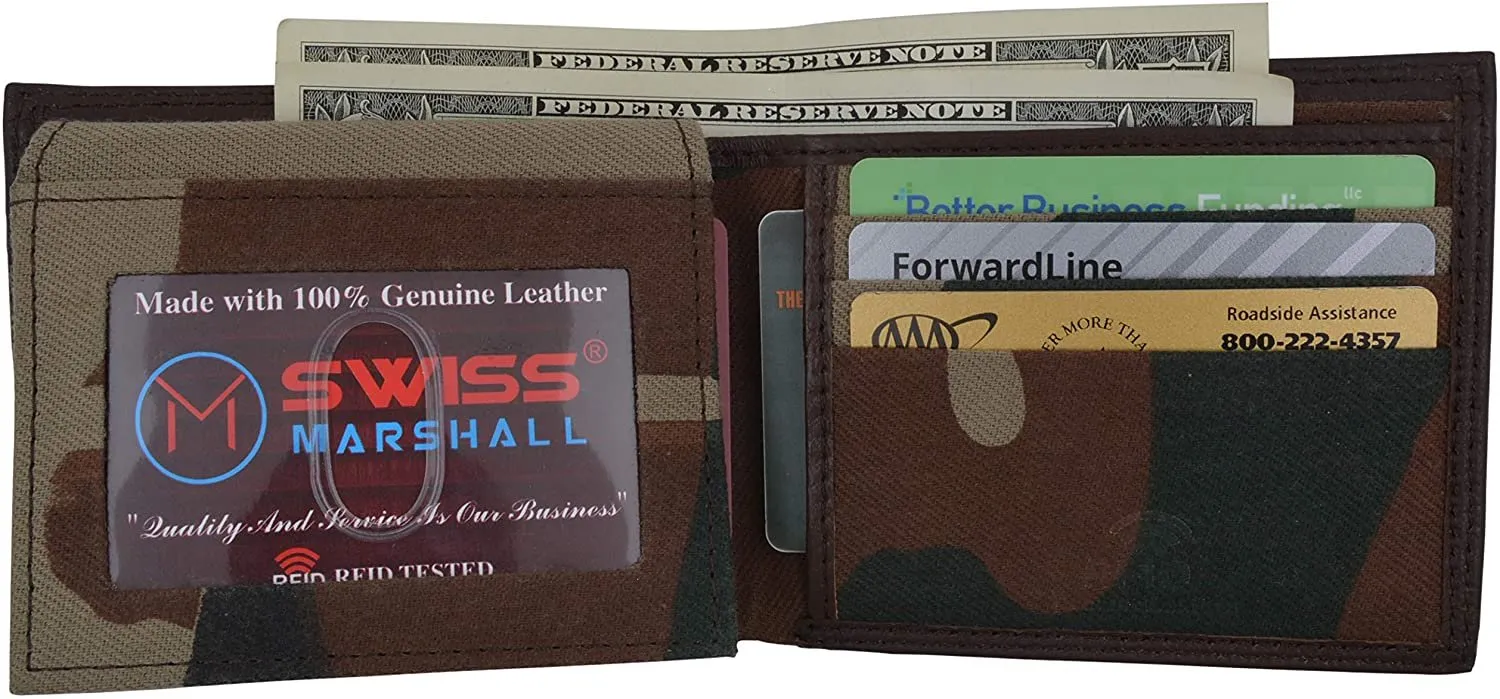 Swiss Marshal Premium Leather Men's Bifold Fixed ID Flap Card Holder Wallet