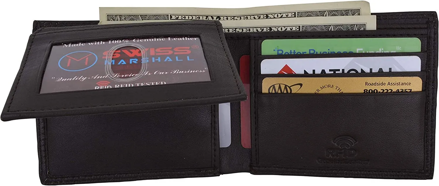 Swiss Marshal Premium Leather Men's Bifold Fixed ID Flap Card Holder Wallet