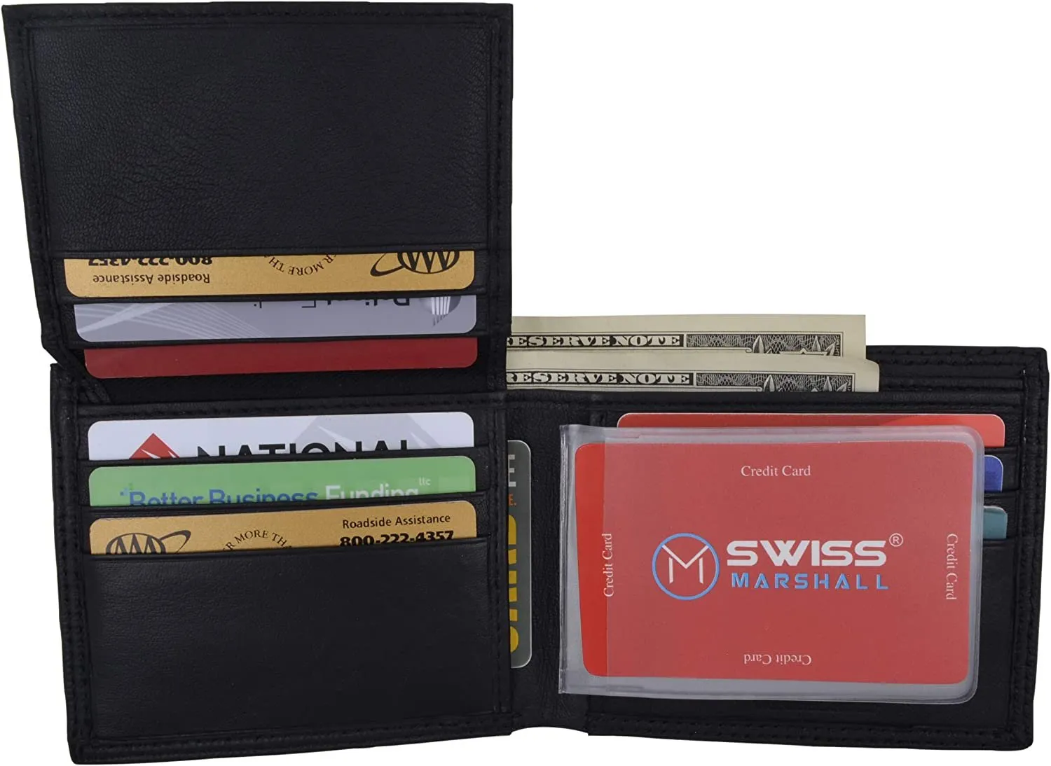 Swiss Marshal Premium Leather Men's Bifold Fixed ID Flap Card Holder Wallet